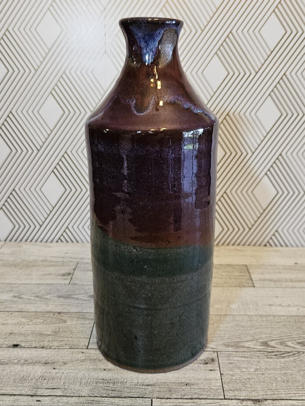 Studio Pottery Vase By KC Pottery 11" Tall x 4" Wide Purple & Green